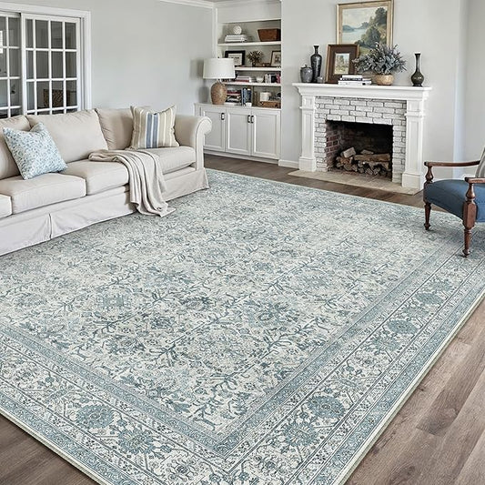 Vintage Area Rug 9x12 Blue Washable Living Room Large Carpet Non Slip Bedroom Indoor Office Low Pile Traditional Distressed Retro Accent Rug for Dining Room