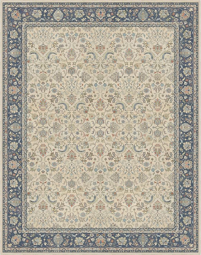 8X10 Area Rugs Machine Washable Rugs for Living Room, Vintage Boho Large Rugs for Bedroom Dining Room, Non Slip Indoor Soft Distressed Lightweight Thin Low Pile Carpet, Ivory Navy Blue