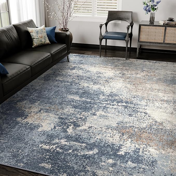 6x9 Washable Rugs Dark Blue Hallway Large Area Rug Indoor Accent Rug Abstract Non Slip Low Pile Carpet Distressed Throw Rug for Bedroom Living Room Office Dining Room Kitchen Laundry Room