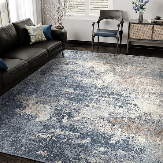 6x9 Washable Rugs Dark Blue Hallway Large Area Rug Indoor Accent Rug Abstract Non Slip Low Pile Carpet Distressed Throw Rug for Bedroom Living Room Office Dining Room Kitchen Laundry Room
