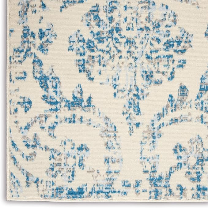 Nourison Jubilant Damask Ivory/Blue 5'3" x 7'3" Area -rug, Easy -cleaning, Non Shedding, Bed Room, Living Room, Dining Room, Kitchen (5x7)