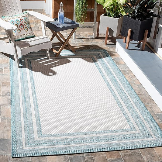 SAFAVIEH Courtyard Collection 6'7" Square Ivory / Aqua CY8475 Indoor-Outdoor Waterproof Easy-Cleaning Patio Backyard Mudroom Area-Rug