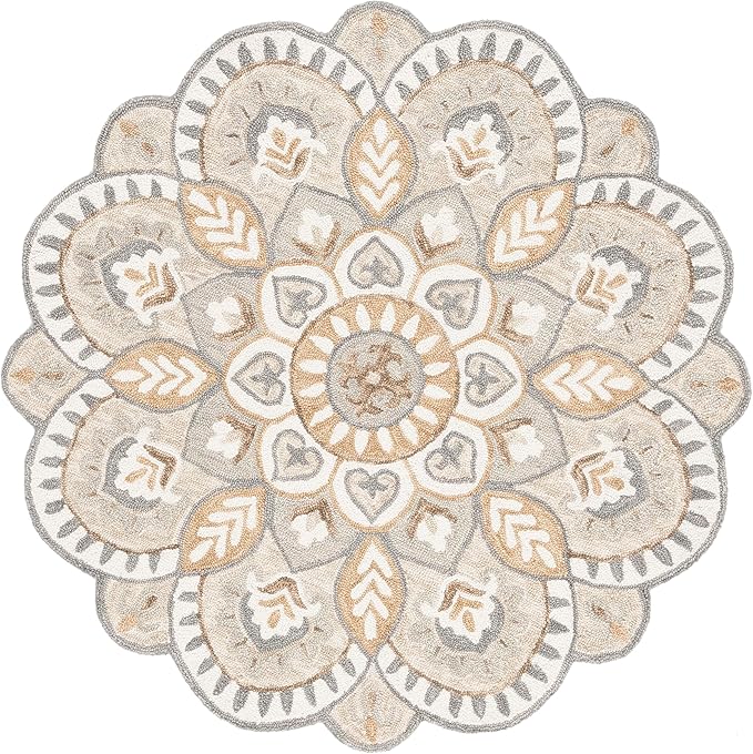 SAFAVIEH Novelty Collection Area Rug - 6' Round, Ivory & Beige, Handmade Wool, Flower Design, Ideal for High Traffic Areas in Living Room, Bedroom, Dining (NOV604A-6R)