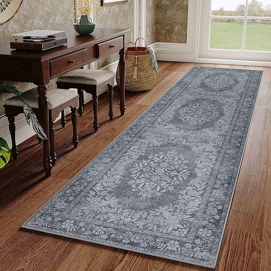 2x8 Runner Rug Gray Washable Hallway Kitchen Bedroom Vintage Distressed Bathroom Non Slip Medallion Floral Carpet Indoor Retro Throw Floor Mat for Office Dining Laundry Living Room