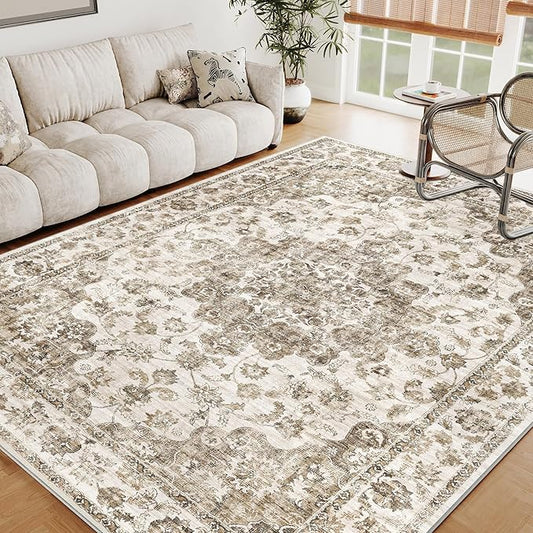5x7 Washable Neutral Area Rug Brown Floral Living Room Bedroom Carpet Non-Slip Low Pile Vintage Soft Thin Throw Rug for Dining Room Entryway Dorm Office Kitchen Bathroom