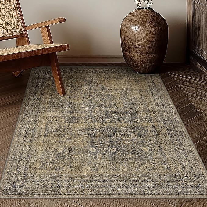 4x6 Brown Black Area Rug Washable Vintage Distressed Office Carpet Low Pile Entryway Non Slip Indoor Soft Retro Entrance Throw Accent Rug for Kitchen Bathroom Bedroom Dining Living Room