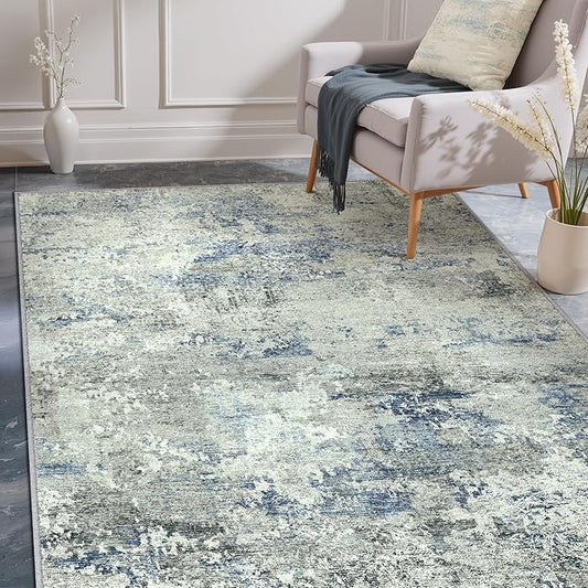 3x5 Area Rugs for Living Room Blue Grey Non Slip Washable Neutral Modern Abstract Indoor Rug Thin Soft Throw Low Pile Kitchen Carpet for Bedroom Dining Room Farmhouse Home Office Decor