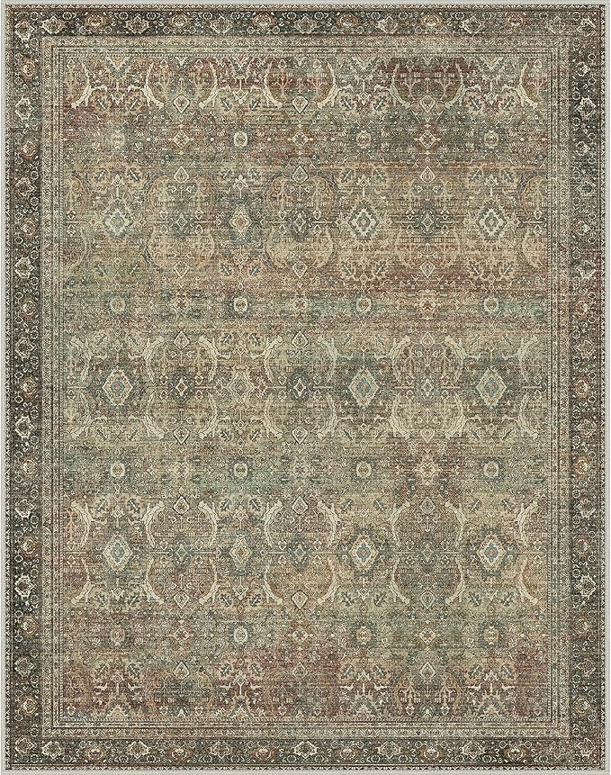 8X10 Area Rugs Machine Washable Rugs for Living Room, Vintage Boho Large Rugs for Bedroom Dining Room, Non Slip Indoor Soft Distressed Lightweight Thin Low Pile Carpet, Green Faded Red