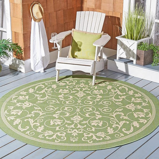 SAFAVIEH Courtyard Collection 4' Round Olive / Natural CY2098 Scroll Indoor/ Outdoor Waterproof Easy Cleaning Patio Backyard Mudroom Area Rug