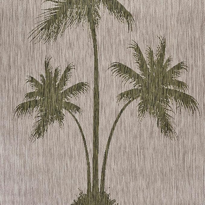 LR Home 8 x 10 Indoor / Outdoor Area Rug for Home Decor | Coastal Palm Tree large size carpet for living room, bedroom, playroom, patio, garden | Modern farmhouse rug | Beige / Dark Green