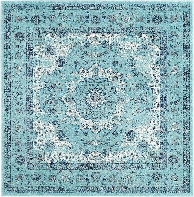SAFAVIEH Evoke Collection 6'7" Square Light Blue / Light Blue EVK220E Shabby Chic Oriental Medallion Non-Shedding Living Room Bedroom Dining Home Office Area Rug