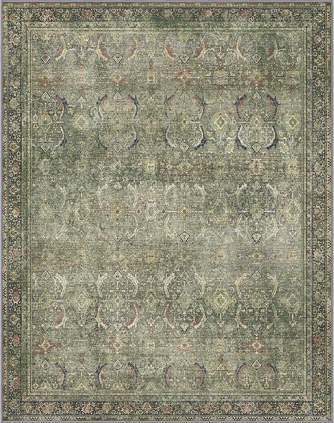 10X12 Area Rugs Machine Washable Rugs for Living Room, Vintage Boho Large Rugs for Bedroom Dining Room, Non Slip Indoor Soft Distressed Lightweight Thin Low Pile Carpet, Green