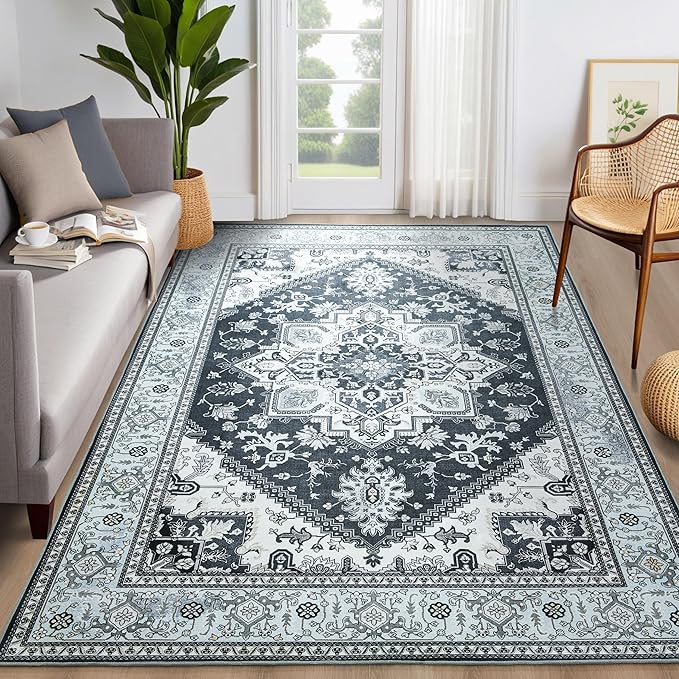 YJ.GWL Large Area Rug for Living Room, 5x7 Machine Washable Boho Rug for Bedroom, Low Pile Lightweight Thin Rugs Floral Vintage Distress Print Pattern Carpet for Dining Room, Clear Blue/Grey