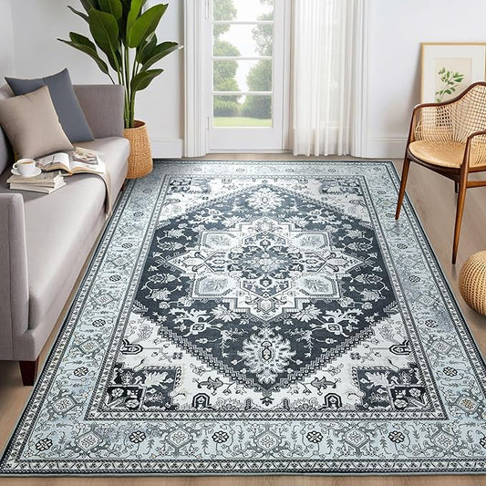 YJ.GWL Area Rug for Living Room, 4x6 Machine Washable Boho Rug for Bedroom, Low Pile Lightweight Thin Rugs Floral Vintage Distress Print Pattern Carpet for Dining Room, Clear Blue/Grey