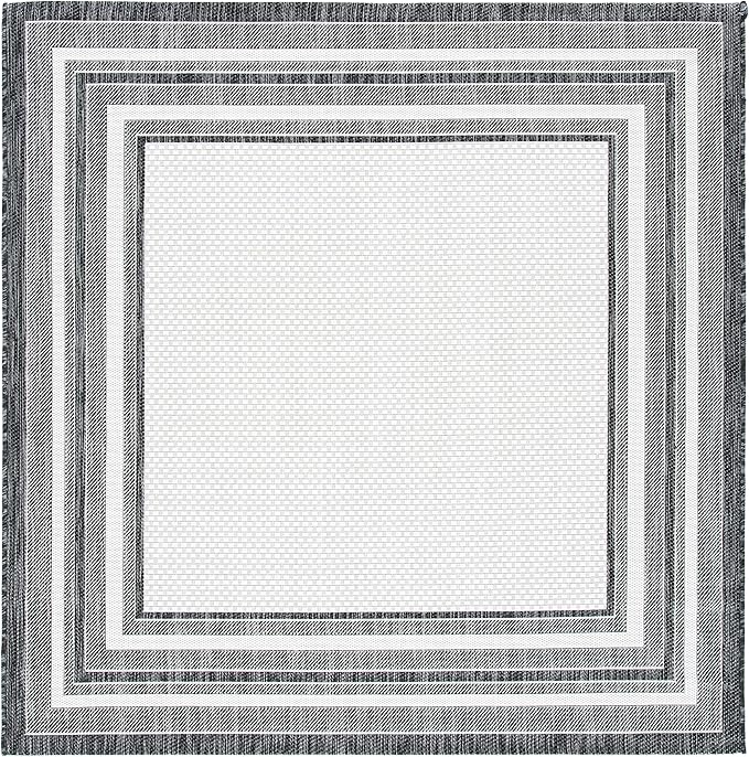 SAFAVIEH Courtyard Collection Area Rug - 7'10" Square, Ivory & Black, Indoor/Outdoor, Weather Resistant & Washable, Ideal for Patio, Backyard, Mudroom, Deck (CY8475)