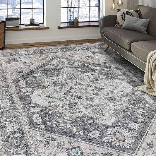Vintage Area Rug, 8x10 Washable Rugs for Living Room Bedroom Indoor Throw Rug, Distressed Boho Country Accent, Thin Low-Pile Floor Carpet for Kids Pet (Multi/Brown)