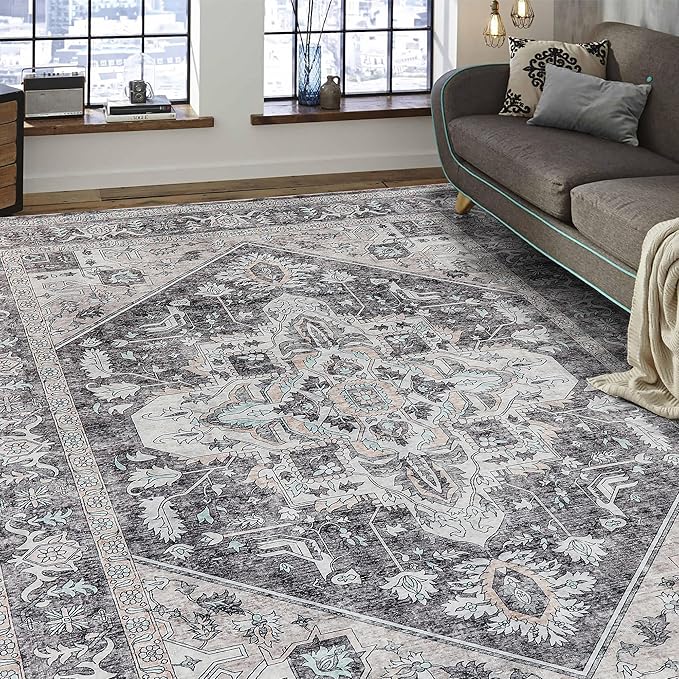 Vintage Area Rug, 9x12 Washable Rugs for Living Room Bedroom Indoor Throw Rug, Distressed Boho Country Accent, Thin Low-Pile Floor Carpet for Kids Pet (Multi/Brown)