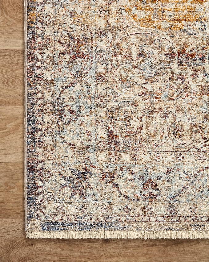Loloi Sorrento Collection 7'-10" x 7'-10" Round Accent Rug in Natural/Multi - Vintage Inspired Patterned Area Rug, Unique Area Rug for Living Room, Bedroom, Dining Area
