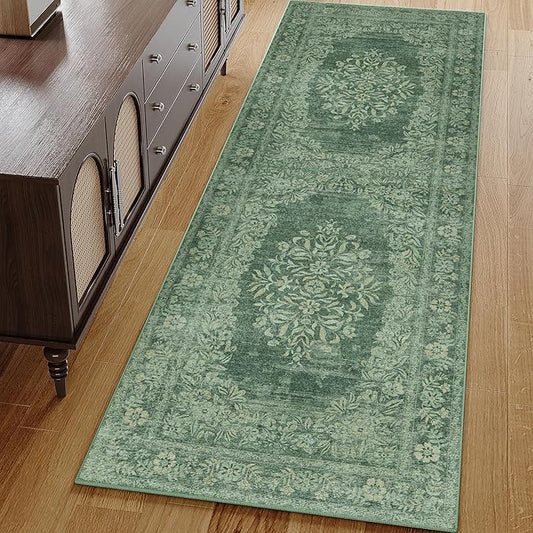 2x6 Runner Rug Green Washable Hallway Kitchen Bedroom Vintage Distressed Bathroom Non Slip Medallion Floral Carpet Indoor Retro Throw Floor Mat for Office Dining Laundry Living Room