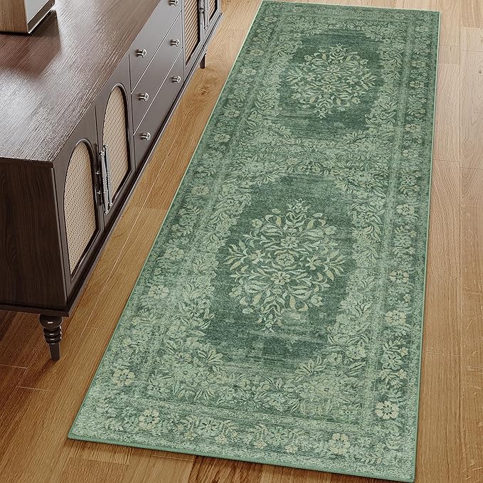 2x6 Runner Rug Green Washable Hallway Kitchen Bedroom Vintage Distressed Bathroom Non Slip Medallion Floral Carpet Indoor Retro Throw Floor Mat for Office Dining Laundry Living Room