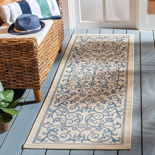 SAFAVIEH Courtyard Collection Runner Rug - 2'3" x 8', Natural & Blue, Scroll Design, Non-Shedding & Easy Care, Indoor/Outdoor & Washable-Ideal for Patio, Backyard, Mudroom (CY2098-3101)