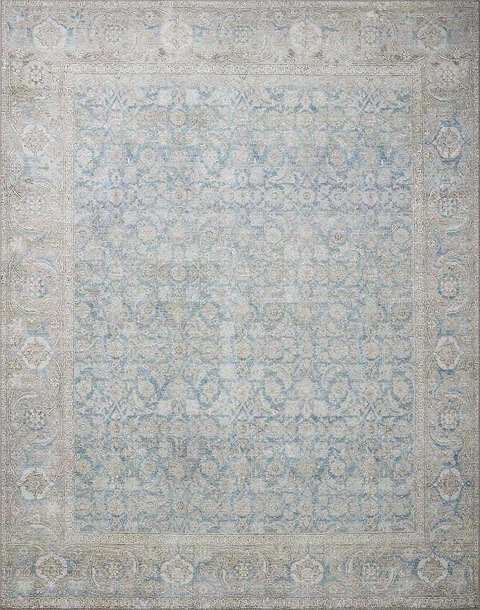 Loloi II Wynter Collection WYN-10 Ocean/Silver 7'-6" x 9'-6", .13" Thick, Area Rug, Soft, Durable, Printed, Vintage Inspired, Low Pile, Non-Shedding, Easy Clean, Living Room Rug
