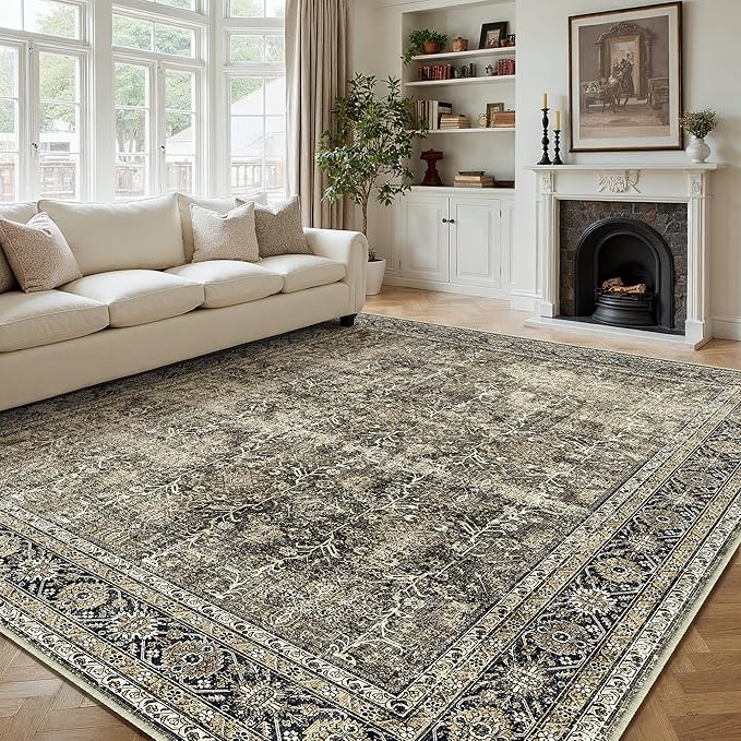 Vintage Area Rug 9x12 Brown Washable Living Room Large Carpet Non Slip Bedroom Indoor Office Low Pile Traditional Distressed Retro Accent Rug for Dining Room