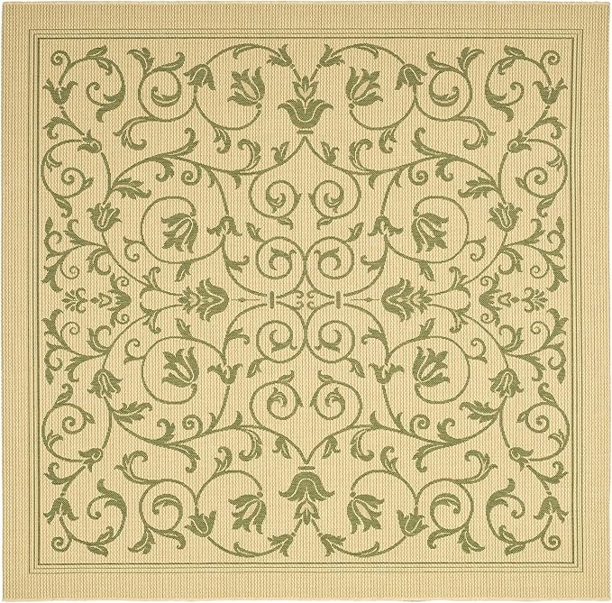 SAFAVIEH Courtyard Collection Area Rug - 7'1 Square, Natural & Olive, Scroll Design, Non-Shedding & Easy Care, Indoor/Outdoor & Washable-Ideal for Patio, Backyard, Mudroom (CY2098-1E01)