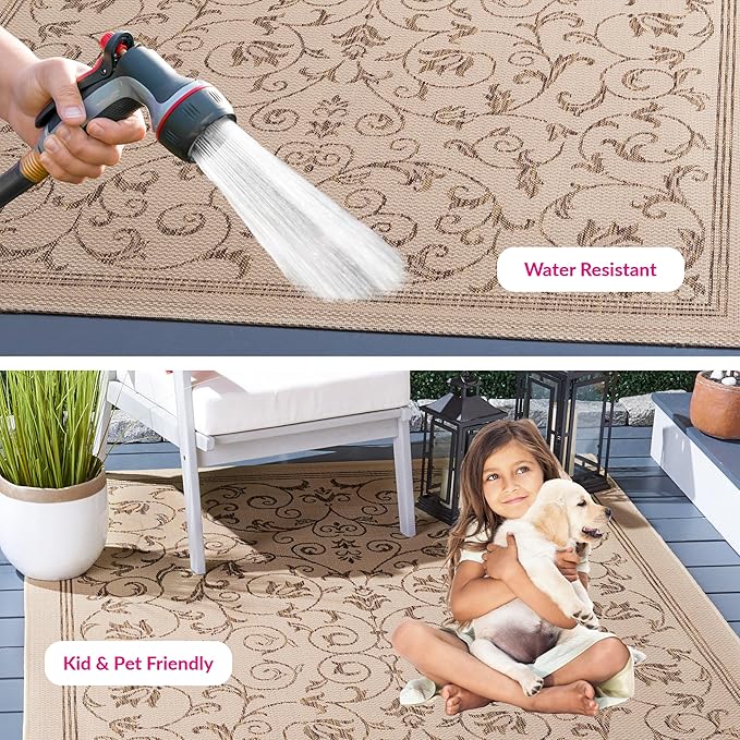 SAFAVIEH Courtyard Collection 5'3" x 7'7" Natural / Brown CY2098 Scroll Indoor/ Outdoor Waterproof Easy-Cleaning Patio Backyard Mudroom Area-Rug