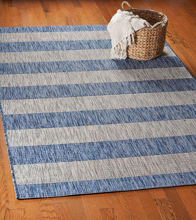 LR Home 8 x 10 Indoor / Outdoor Area Rug for Home Decor | Coastal Striped large size carpet for living room, bedroom, playroom, patio, garden | Modern farmhouse rug | Navy / Gray