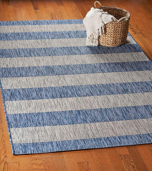 LR Home 8 x 10 Indoor / Outdoor Area Rug for Home Decor | Coastal Striped large size carpet for living room, bedroom, playroom, patio, garden | Modern farmhouse rug | Navy / Gray