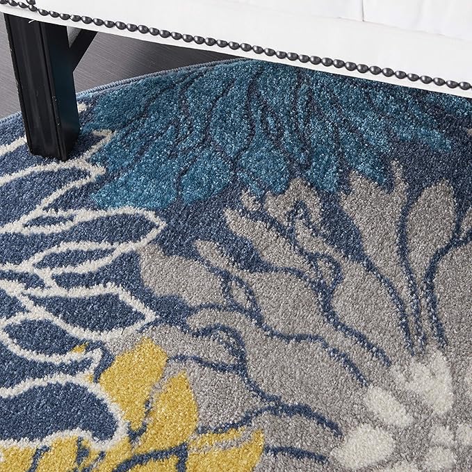 Nourison Passion Blue 5'3" x Round Area Rug, Floral, Farmhouse, Easy Cleaning, Non Shedding, Bed Room, Living Room, Dining Room, Kitchen, (5' Round)