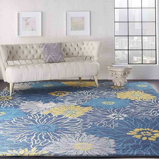Nourison Passion Blue 9' x 12' Area Rug, Floral, Farmhouse, Easy Cleaning, Non Shedding, Bed Room, Living Room, Dining Room, Kitchen (9x12)