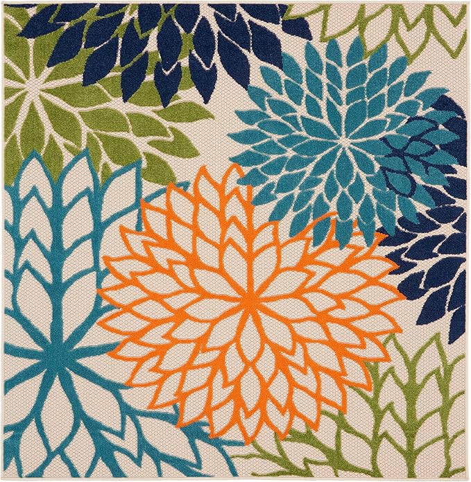 Nourison Aloha Indoor/Outdoor Multicolor 5'3" x 5'3"Square Area Rug, Tropical, Botanical, Easy Cleaning, Non Shedding, Bed Room, Living Room, Dining Room, Deck, Backyard, Patio (5 Square)
