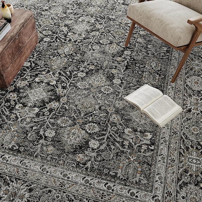 Black Runner Rug 2x8 Vintage Area Carpet Hallway Long Indoor Kitchen Washable Living Room Low Pile Traditional Distressed Retro Accent Throw Rug Non Slip Laundry Bathroom Office Dining Room