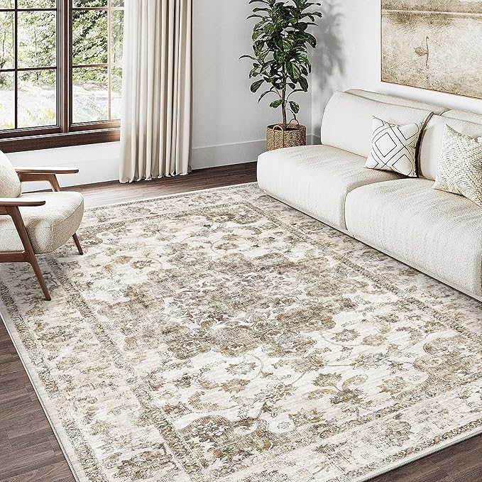 3x5 Washable Neutral Area Rug Brown Entryway Kitchen Non-Slip Low Pile Floral Carpet Vintage Soft Thin Throw Rug for Entrance Bathroom Indoor Door Mat Dorm Dining Room