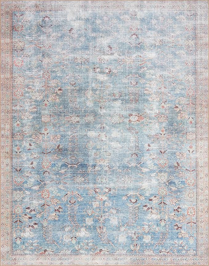 Loloi II Wynter Collection WYN-06 Teal/Multi 7'-6" x 9'-6", .13" Thick, Area Rug, Soft, Durable, Printed, Vintage Inspired, Low Pile, Non-Shedding, Easy Clean, Living Room Rug