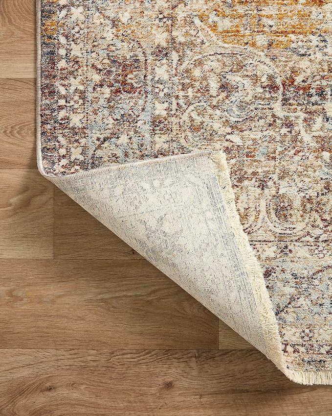 Loloi Sorrento Collection 7'-10" x 7'-10" Round Accent Rug in Natural/Multi - Vintage Inspired Patterned Area Rug, Unique Area Rug for Living Room, Bedroom, Dining Area