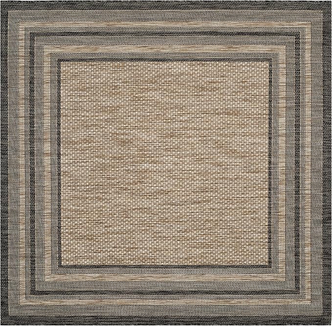 SAFAVIEH Courtyard Collection 9' Square Natural / Black CY8475 Indoor-Outdoor Waterproof Easy-Cleaning Patio Backyard Mudroom Area-Rug