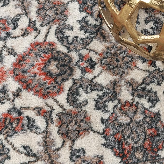 Superior Indoor Runner Rug, with Jute Backing, Chic Bordered Floor Decor for Living Room, Bedroom, Office, Entryway, Kitchen, Dining, Floral Design, Lille Collection, 2' 7" x 8', Brown-Salmon
