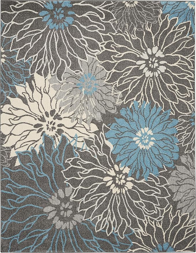Nourison Passion Charcoal/Blue 6'7" x 9'6" Area Rug, Floral, Farmhouse, Easy Cleaning, Non Shedding, Bed Room, Living Room, Dining Room, Kitchen, (7' x 10')