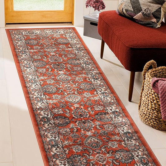 Superior Indoor Runner Rug, with Jute Backing, Chic Bordered Floor Decor for Living Room, Bedroom, Office, Entryway, Kitchen, Dining, Floral Design, Lille Collection, 2' 7" x 8', Brown-Salmon
