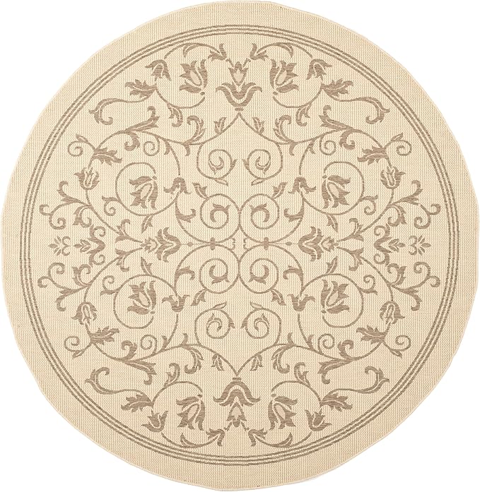 SAFAVIEH Courtyard Collection 7'10" Round Natural / Brown CY2098 Scroll Indoor/ Outdoor Waterproof Easy-Cleaning Patio Backyard Mudroom Area-Rug