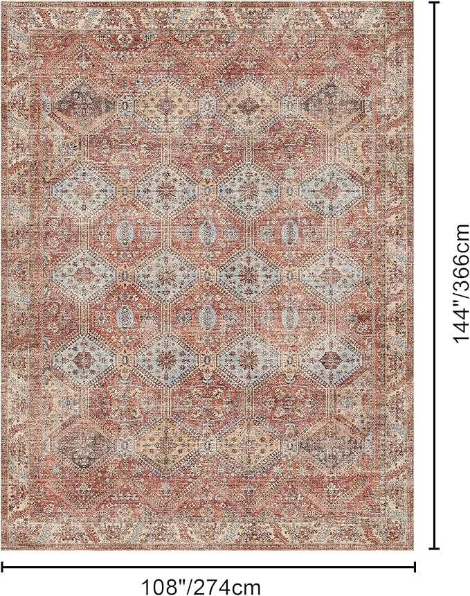 Bavni Clearance 9x12 Area Rugs for Living Room, Machine Washable Rug Non Slip, Vintage Chenille Distressed Print Carpet, Large Low Pile Ultra-Thin Lightweight Rugs for Bedroom, Dining Room, Spice Sky