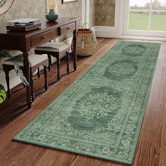 2x8 Runner Rug Green Washable Hallway Kitchen Bedroom Vintage Distressed Bathroom Non Slip Medallion Floral Carpet Indoor Retro Throw Floor Mat for Office Dining Laundry Living Room