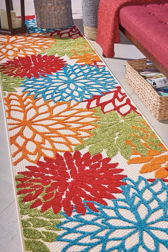Nourison Aloha Indoor/Outdoor Floral Green Multicolor 2'3"X12' Area Rug Runner (2'x12')