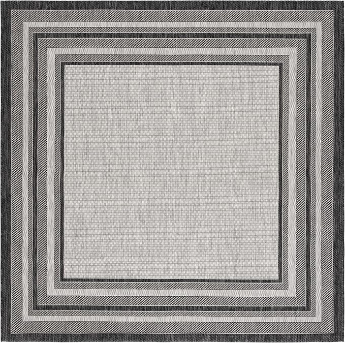 SAFAVIEH Courtyard Collection Area Rug - 7'10" Square, Light Grey & Black, Indoor/Outdoor, Weather Resistant & Washable, Ideal for Patio, Backyard, Mudroom, Deck (CY8475)