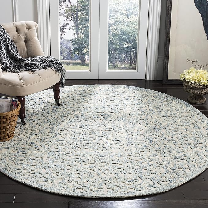 SAFAVIEH Trace Collection Area Rug - 6' Round, Blue & Ivory, Handmade Wool, Ideal for High Traffic Areas in Living Room, Bedroom (TRC103B)