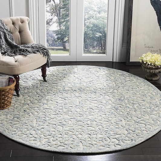 SAFAVIEH Trace Collection Area Rug - 6' Round, Blue & Ivory, Handmade Wool, Ideal for High Traffic Areas in Living Room, Bedroom (TRC103B)