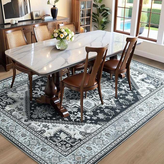 YJ.GWL Large Area Rug for Living Room, 5x7 Machine Washable Boho Rug for Bedroom, Low Pile Lightweight Thin Rugs Floral Vintage Distress Print Pattern Carpet for Dining Room, Clear Blue/Grey